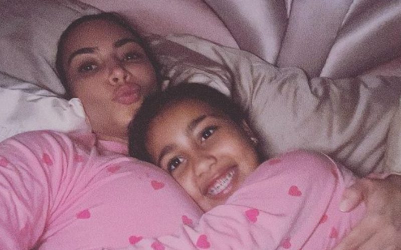 Kim Kardashian Poses In Pink Heart Pajamas With Daughter North West