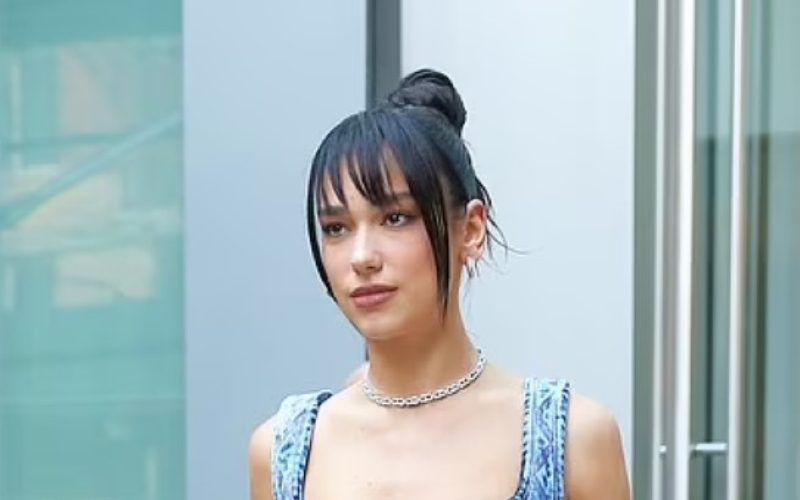 Dua Lipa Showcases Her Toned Physique In Denim Bra & Quilted Pants