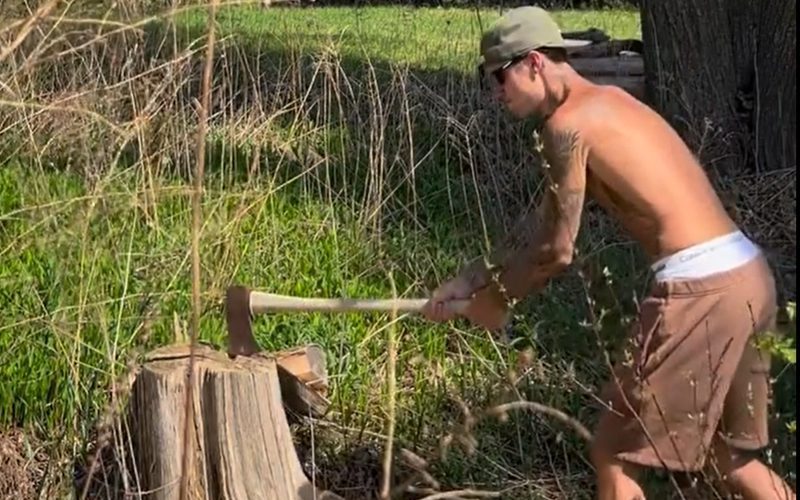 Justin Bieber Has Hilarious Shirtless Wood Chopping Fail