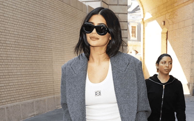 Kylie Jenner Stuns Up Wearing White Underwear Over Tights At Loewe Show At PFW